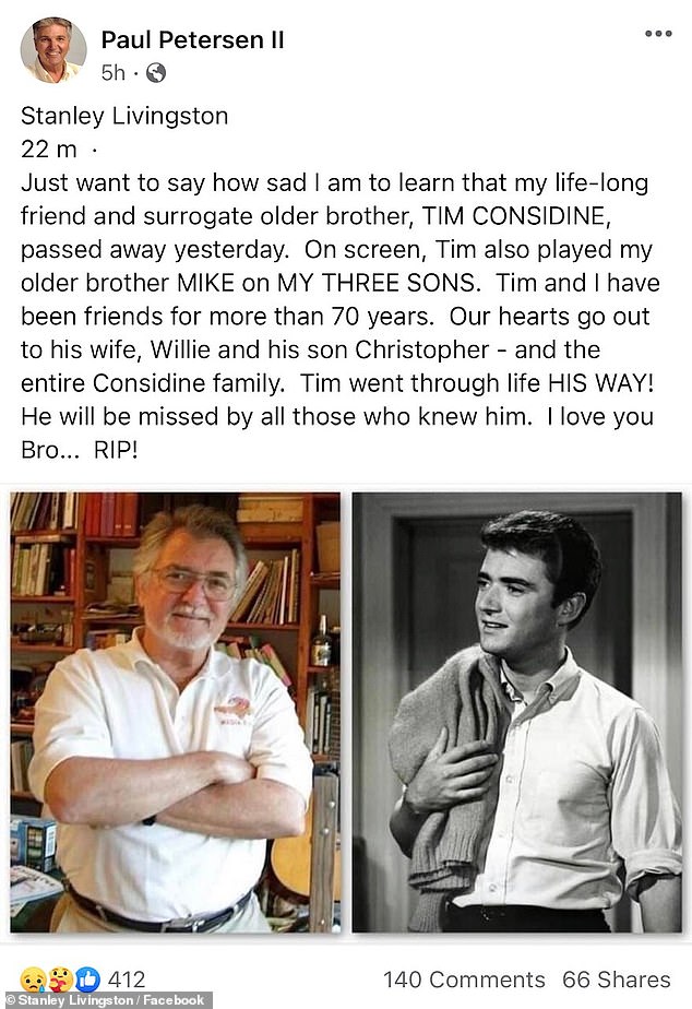 y Коллега по фильму «Три сына» Стэнли Ливингстон поделился трогательной данью уважения Консидайну в социальных сетях через день после его смерти.