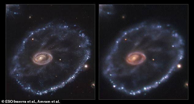 Астрономы запечатлели момент, когда звезда, находящаяся в 500 миллионах световых лет от Земли, взорвалась сверхновой, что ознаменовало конец ее жизни.  Левое изображение сделано в 2014 году до взрыва, а правое — в 2021 году, со взрывом внизу справа.