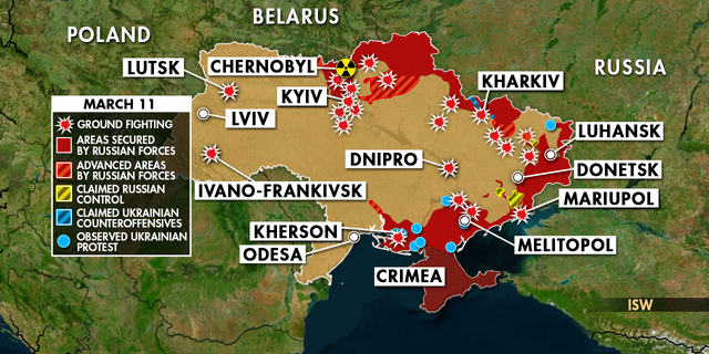 На карте показано вторжение России в Украину по состоянию на 11 марта 2022 года. 