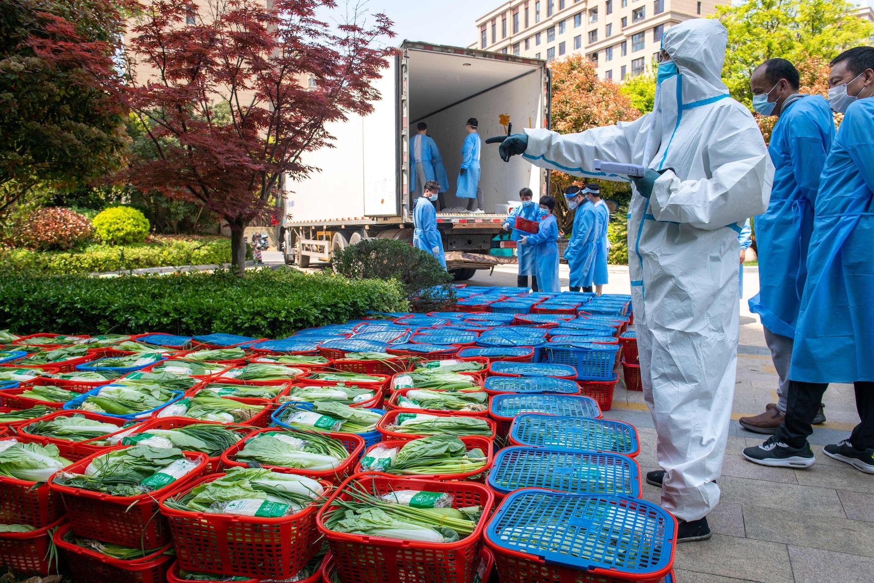 Волонтер в средствах индивидуальной защиты 12 апреля проверяет овощи для раздачи жителям на территории комплекса в Шанхае.  Волонтер в Шанхае перевозит сумки с овощами, переданные правительством во время общегородского карантина.  Волонтеры доставляют продукты питания в Шанхае 9 апреля.  (Лю Цзинь/AFP и Цилай Шэнь/Bloomberg) 
