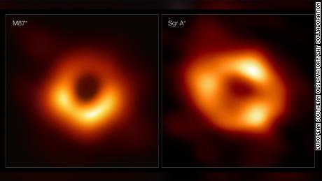 На этих панелях показаны первые два изображения черной дыры.  Слева М87*, а справа лук А*.
