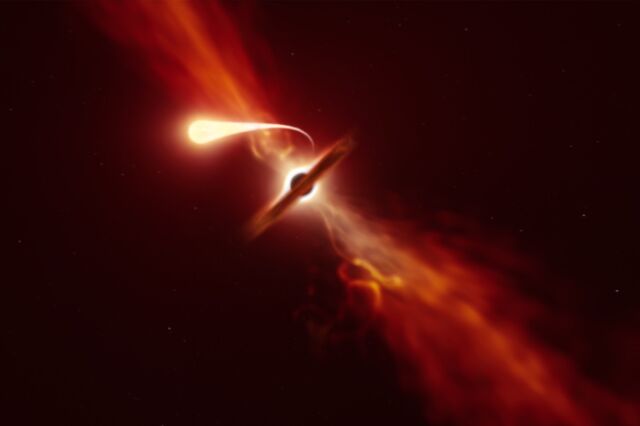 Представление художника о звезде постепенно разрушается сильным гравитационным притяжением сверхмассивной черной дыры.