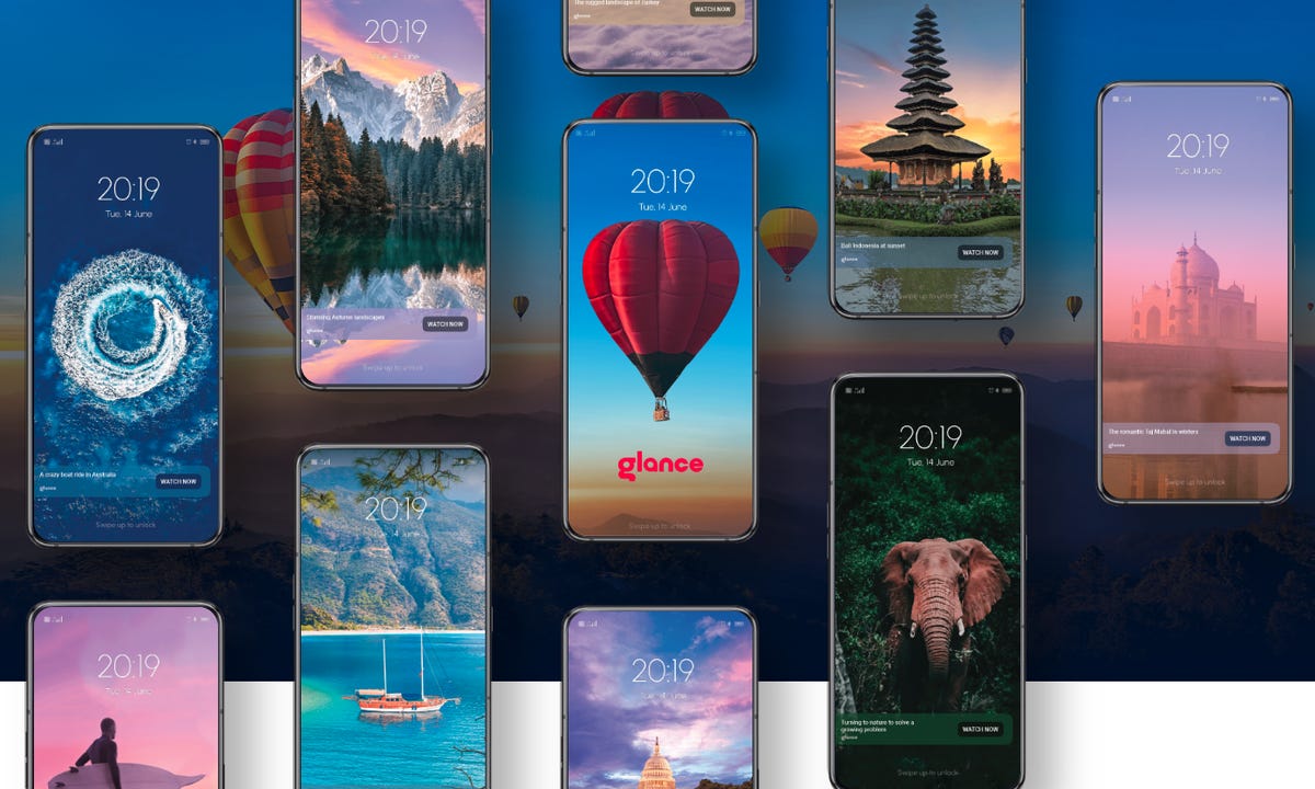 Снимок экрана веб-сайта Glance, показывающий экраны блокировки на нескольких телефонах.