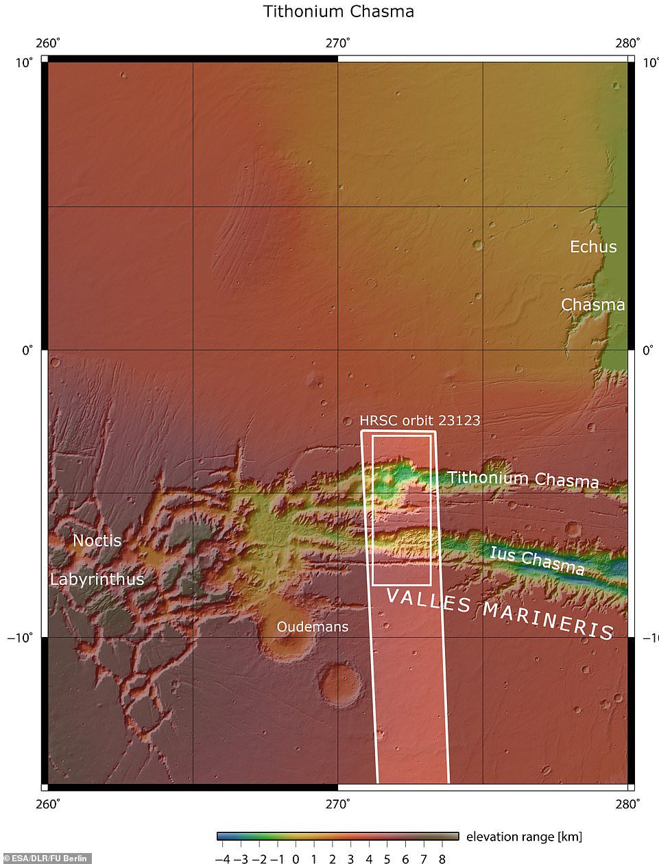 Lus и Tithonium Chasmata видны выше.  Область, обведенная темно-белым прямоугольником, указывает на область, полученную стереокамерой высокого разрешения Mars Express 21 апреля 2022 года во время орбиты.