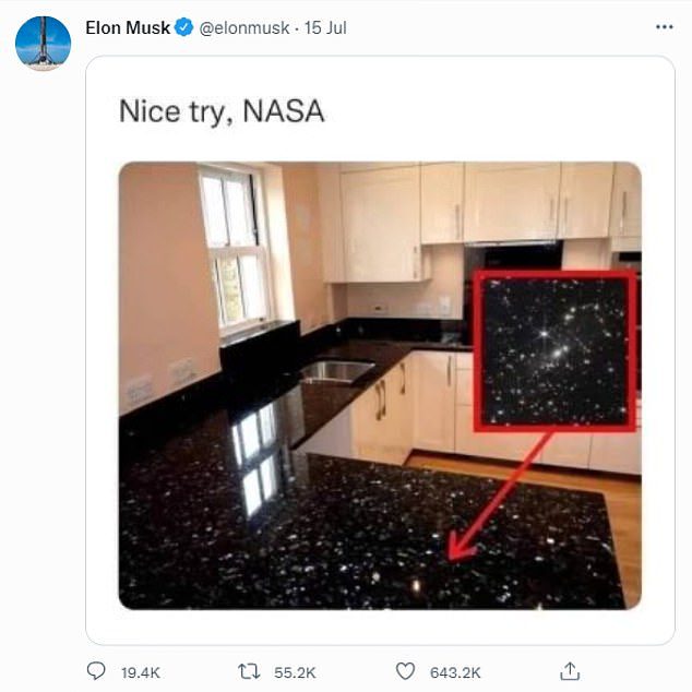 Илон Маск опубликовал этот мем в прошлом месяце, высмеивая астрономические фотографии JWST.