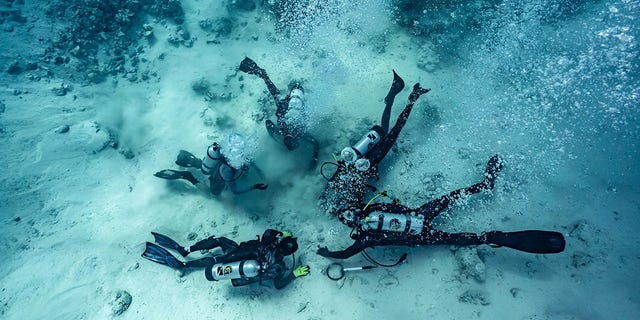 Дайверы копают сокровища, закопанные на дне моря — месте кораблекрушения на Багамах.