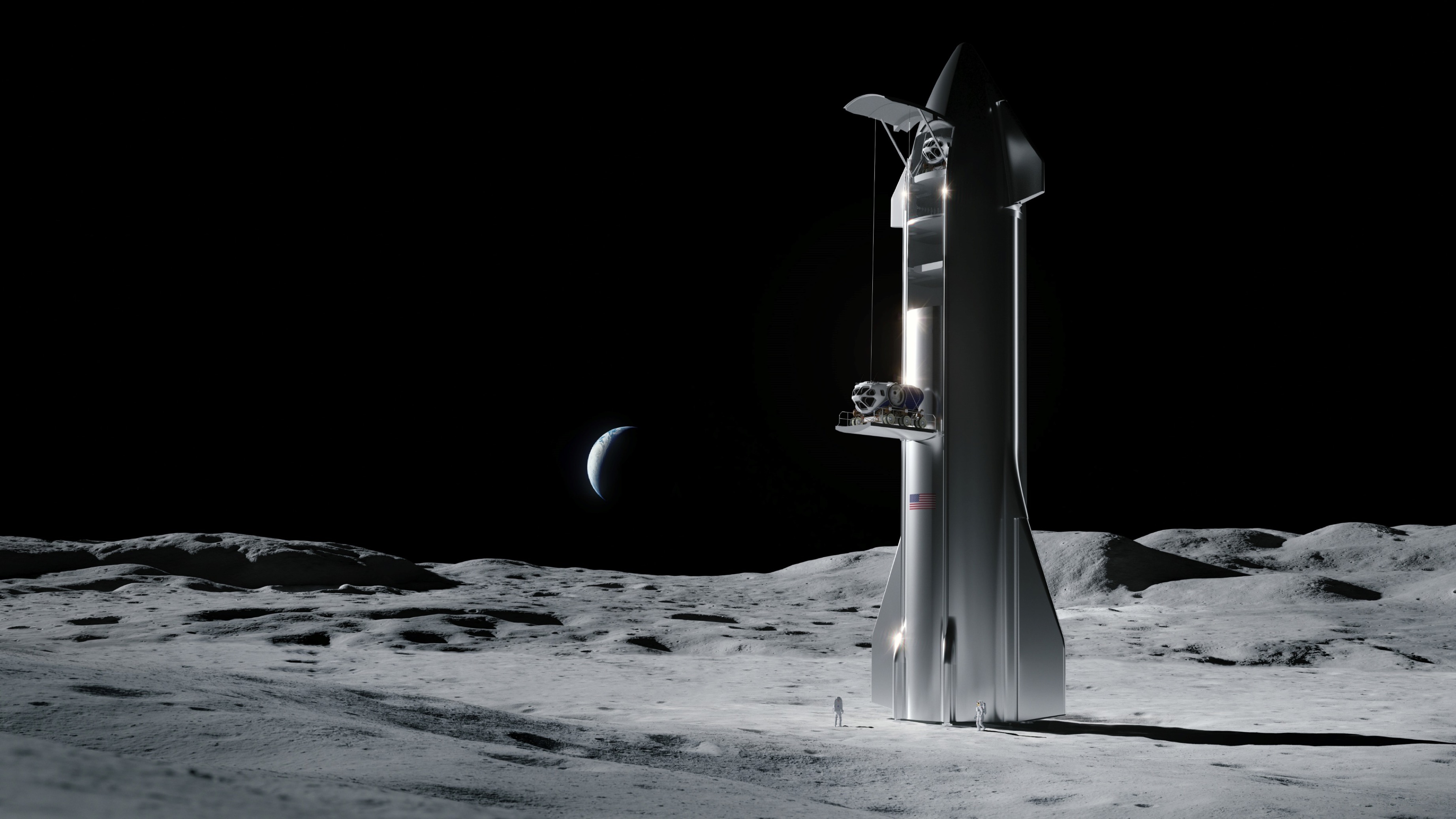 Художественная иллюстрация космического корабля SpaceX на Луне.