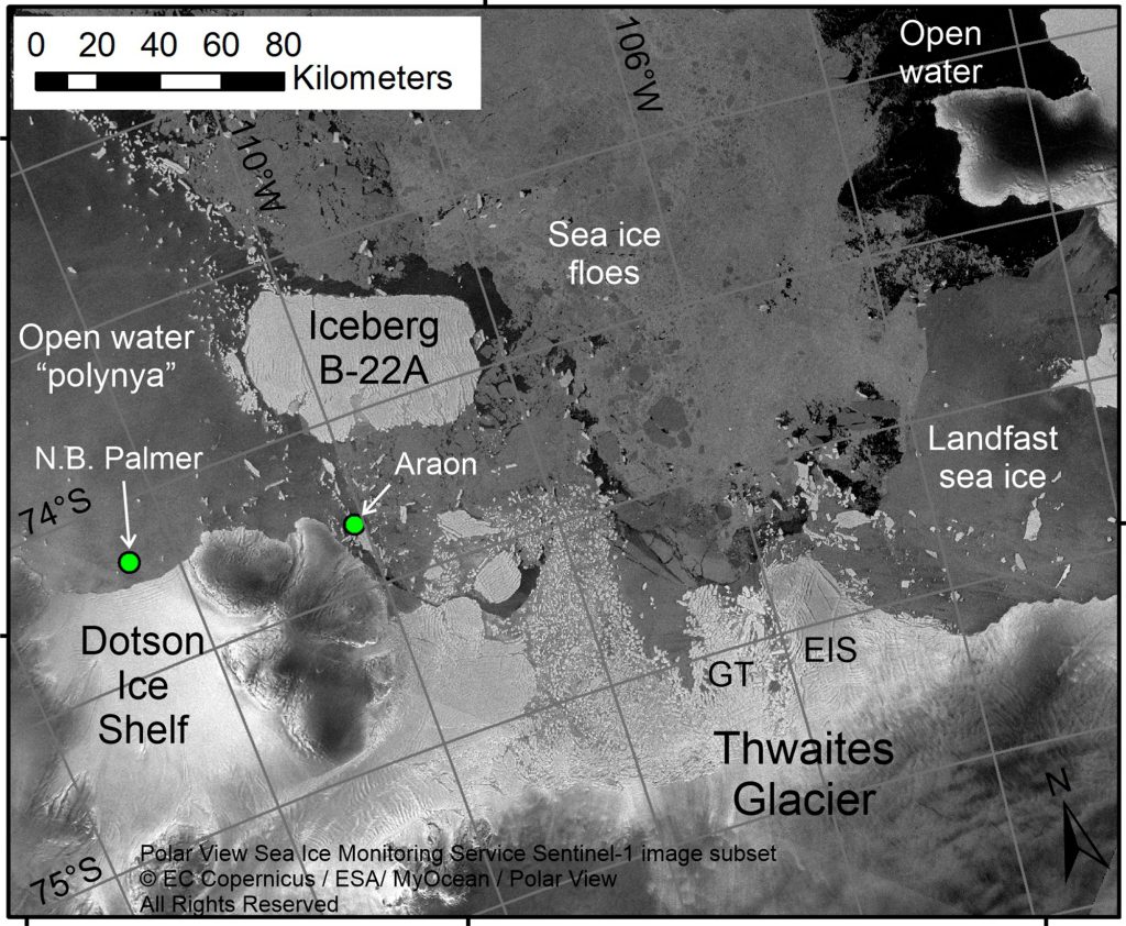 Спутниковый снимок Европейского космического агентства показывает положение "Ледник судного дня."  