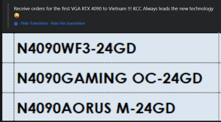Заказные модели Gigabyte GeForce RTX 4090 перечислены вьетнамским ритейлером.  (Изображение предоставлено: I_Leak_VN)