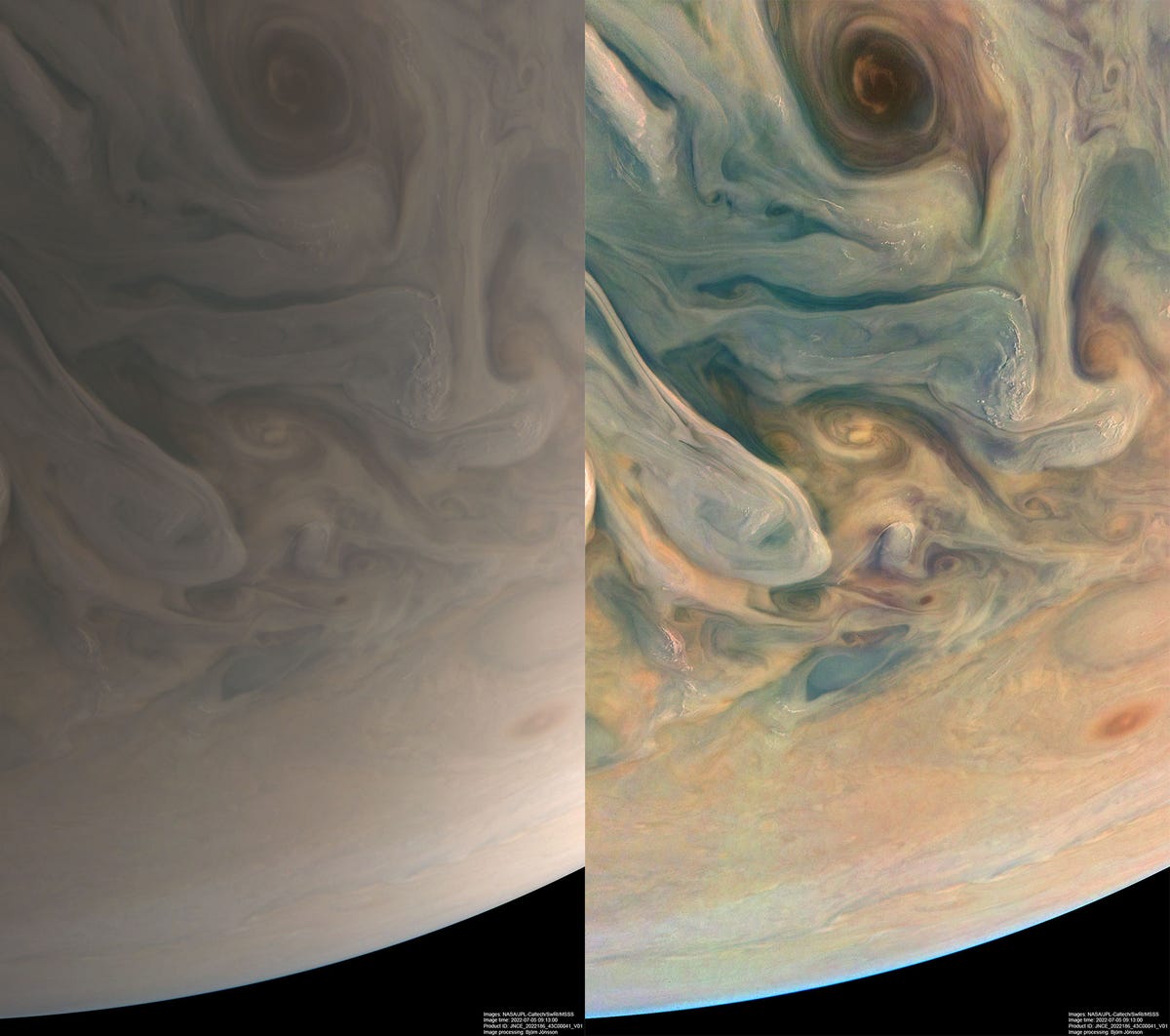 Слева — нежно-бежевая версия Юпитера.  Справа то же изображение, за исключением оттенков синего, оранжевого и желтого.